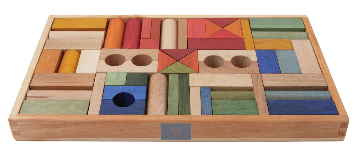 Дървена детска играчка 54 блокчета в кутия дъга Wooden Story
